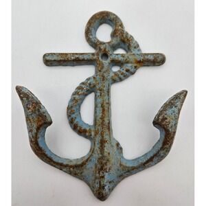 Anchor Wall Hook Cast Iron Nautical Rustic Blue Coastal Sea Weathered Vintage
